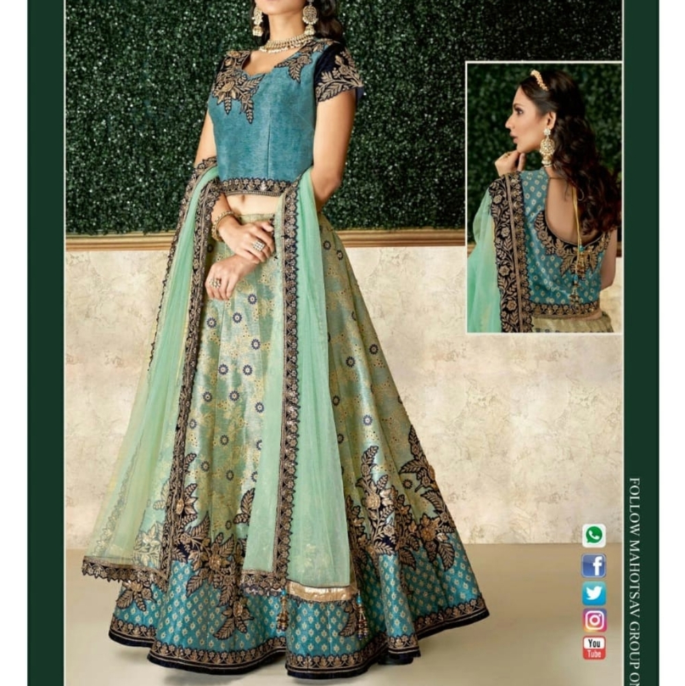 Elegant Aqua Blue Green and Gold Embroidered Skirt Indian Lehenga Choli